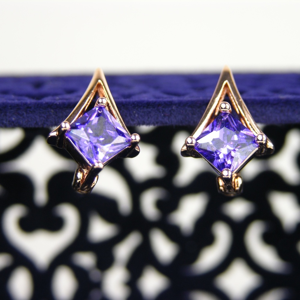 Purple and Rose Gold Geometric Lever Back Earrings - Picture 4 of 9